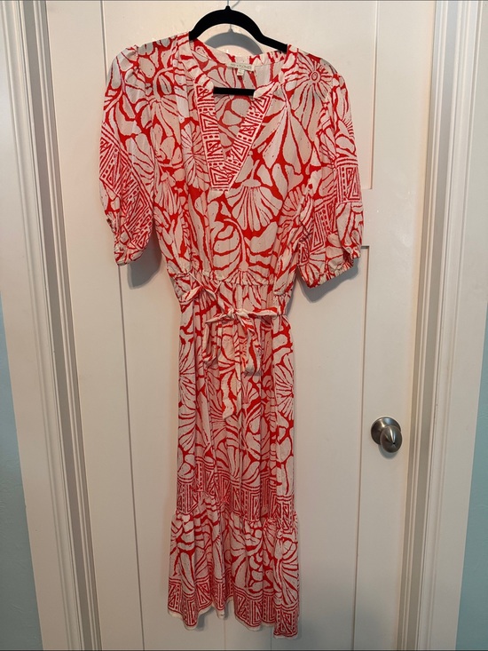 fig and flower Dresses & Skirts - Fig and Flower Orange & White Floral Midi Dress with Tie Waist Resortwear Vacay